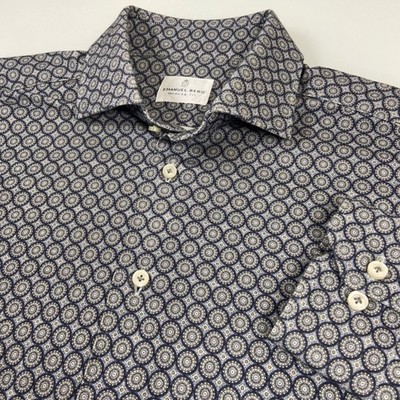 Emanuel Berg Mens M 15.75 Blue Gray Geometric Modern Fit Dress Shirt Oxford