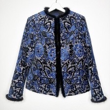 Doncaster Collection Blue, Black and Silver Tapestry Brocade Fur Trim Jacket 12P
