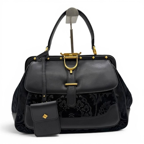 GUCCI Velvet Doctor Bag Black Floral Suede Leather Handbag Used Made in Italy