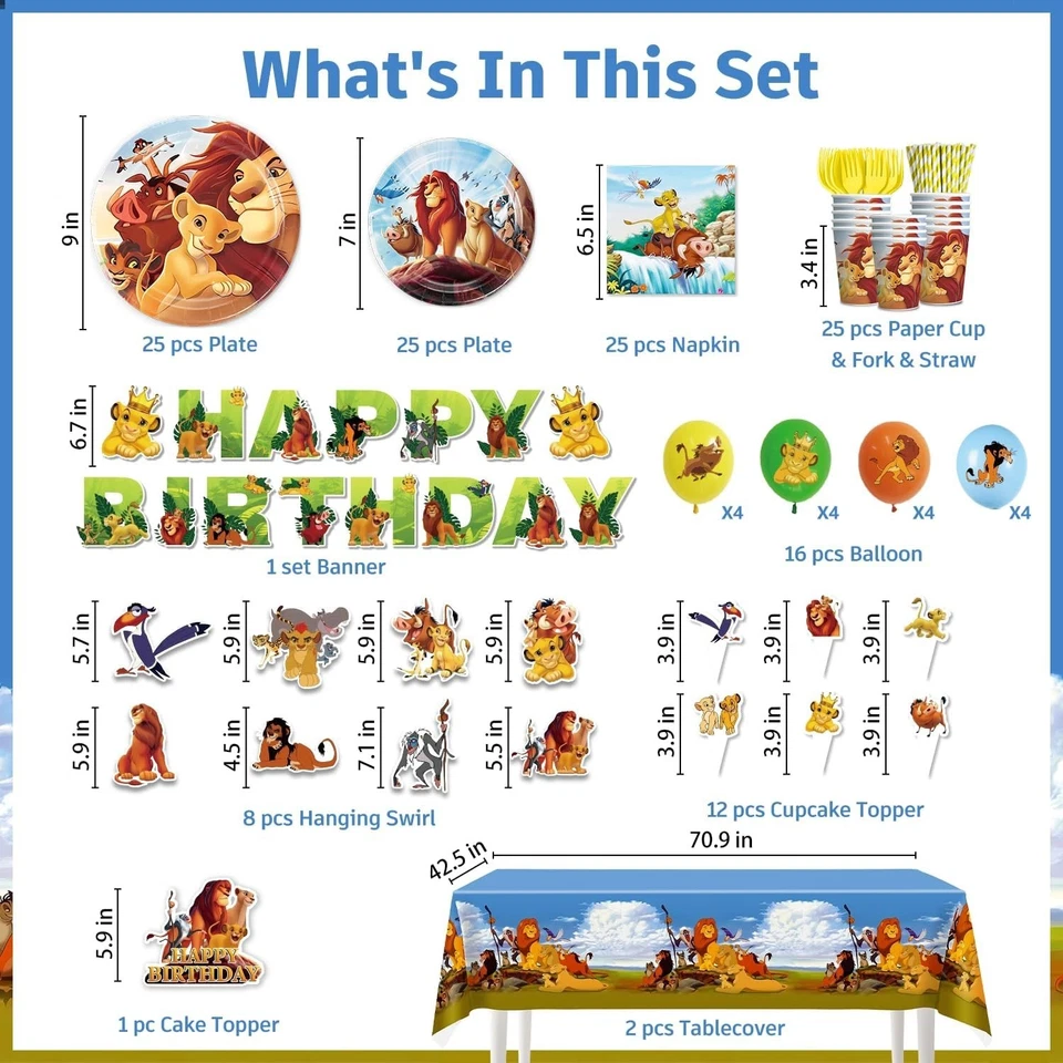 Vajilla Desechable Fiesta Cumpleaños Rey León-Platos Tazas Servilletas Decoraciones Foto 2 de 4