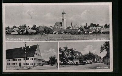 AK Langerringen, Gasthaus, Hauptstrasse, Ansicht mit Kirche von Westen 1941 