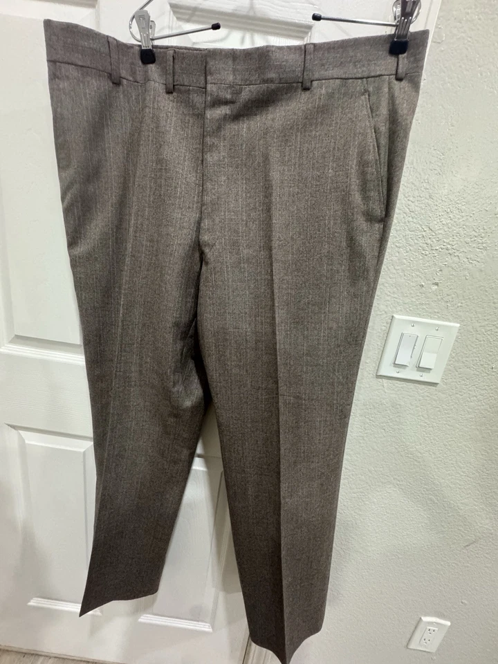 Terno Vintage LANVIN Masculino Marrom Listra de Giz Lã Frente Plana Dinheiro Antigo, - Imagem 4 de 4