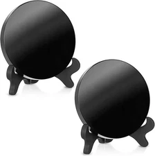 Kathfly 2 Pcs Black Obsidian Scrying Mirror 3.94 in with Wood Stand, Obsidian Cr