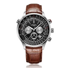 Rotary Chronograph Aviator Inspired Brown Leather Strap Watch BNWT in Box