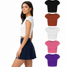 Womens Cap Sleeve Crop Top Ladies Round Neck Stretchy Vest T Shirt Blouse tee