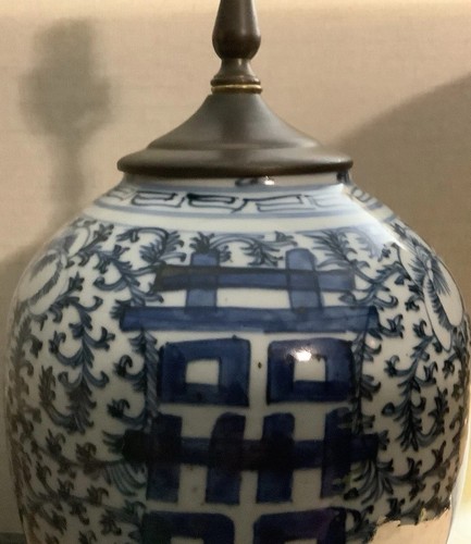 Antique Blue Ceramic/Brass Chinese Double Happiness Melon Jar Lamp Wood Base - Picture 4 of 14