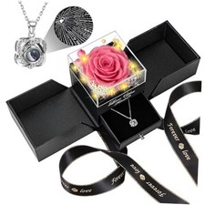 Preserved Real Rose with Heart I Love You Necklace -Eternal Flowers Rose Pink