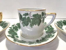 KPM POLAND SET OF 4 CHILDS OR DEMITASSE GREEN LEAVES PORCELAIN CUPS & SAUCERS