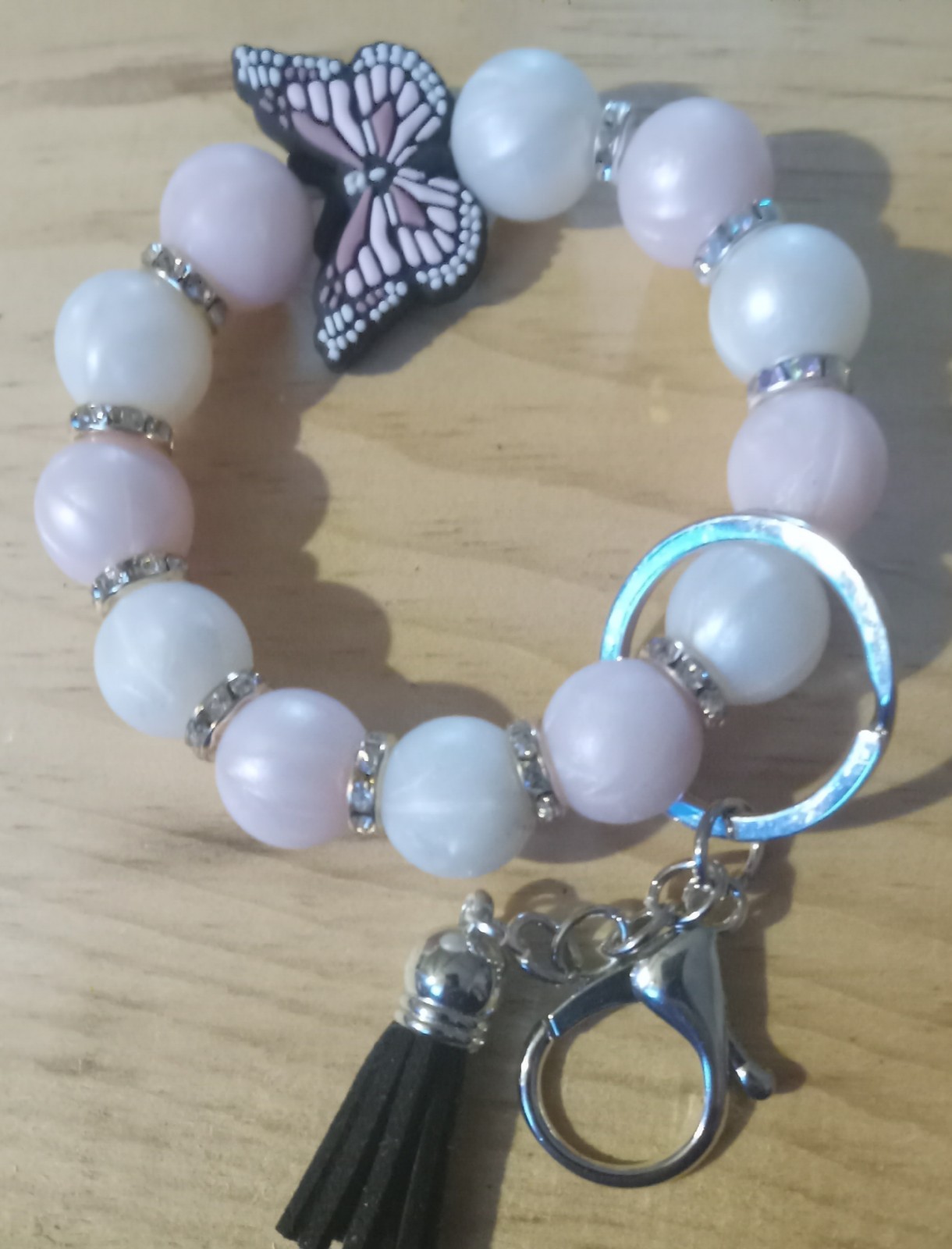 Pink and White Elastic Butterfly Keychain Wristlet with Tassel