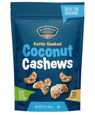 Platinum Kettle Cooked Coconut cashews Plant Based Protein, Fiber Healthy Snack