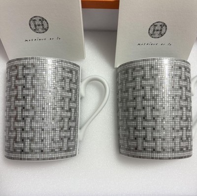 HERMES Mosaique Van Cattle Platinum Coffee Tea Mug Cup Tableware 2 set Auth New