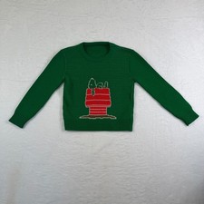 Vintage Peanuts Snoopy Doghouse Green Knit Sweater Kids Crewneck Pullover