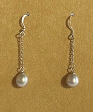 Sterling Silver 925 & Pretty Silver Pearl Dangle Chain Hook Pierced Earrings