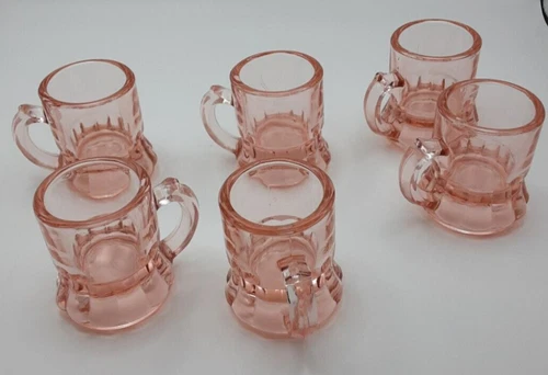 Set of 6 Vintage Federal Pink Depression Glass Mini Beer Mug Shot Glasses 2"