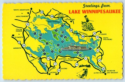 c1960 Lake Winnipesaukee New Hampshire Postcard Major Islands Map Sea Level