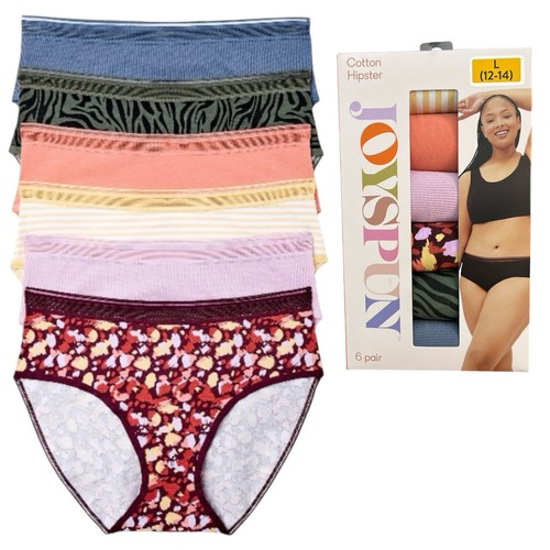 Joyspun Women's Cotton Hipster Panties Underwear Briefs 6-Pack Size L (12-14)
