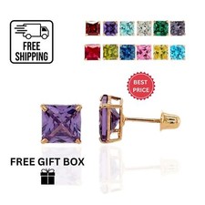 14K Solid Yellow Gold Square Princess Cut CZ Birthstone Stud Earrings All Size