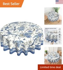 Chinoiserie Tablecloth Round 60Inch, Blue White Flowers Birds Table Cloth, Cl...