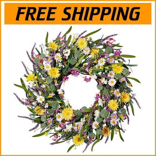 Vibrant 24-Inch Wildflower Wreath - Perfect for Front Door and Seasonal Decor