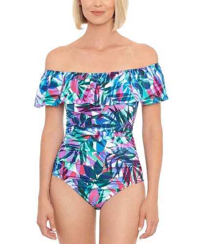 Swim Solutions Off-The-Shoulder Tummy-Control One-Piece Swimsuit - 12 - Multi... - Bild 1 von 3