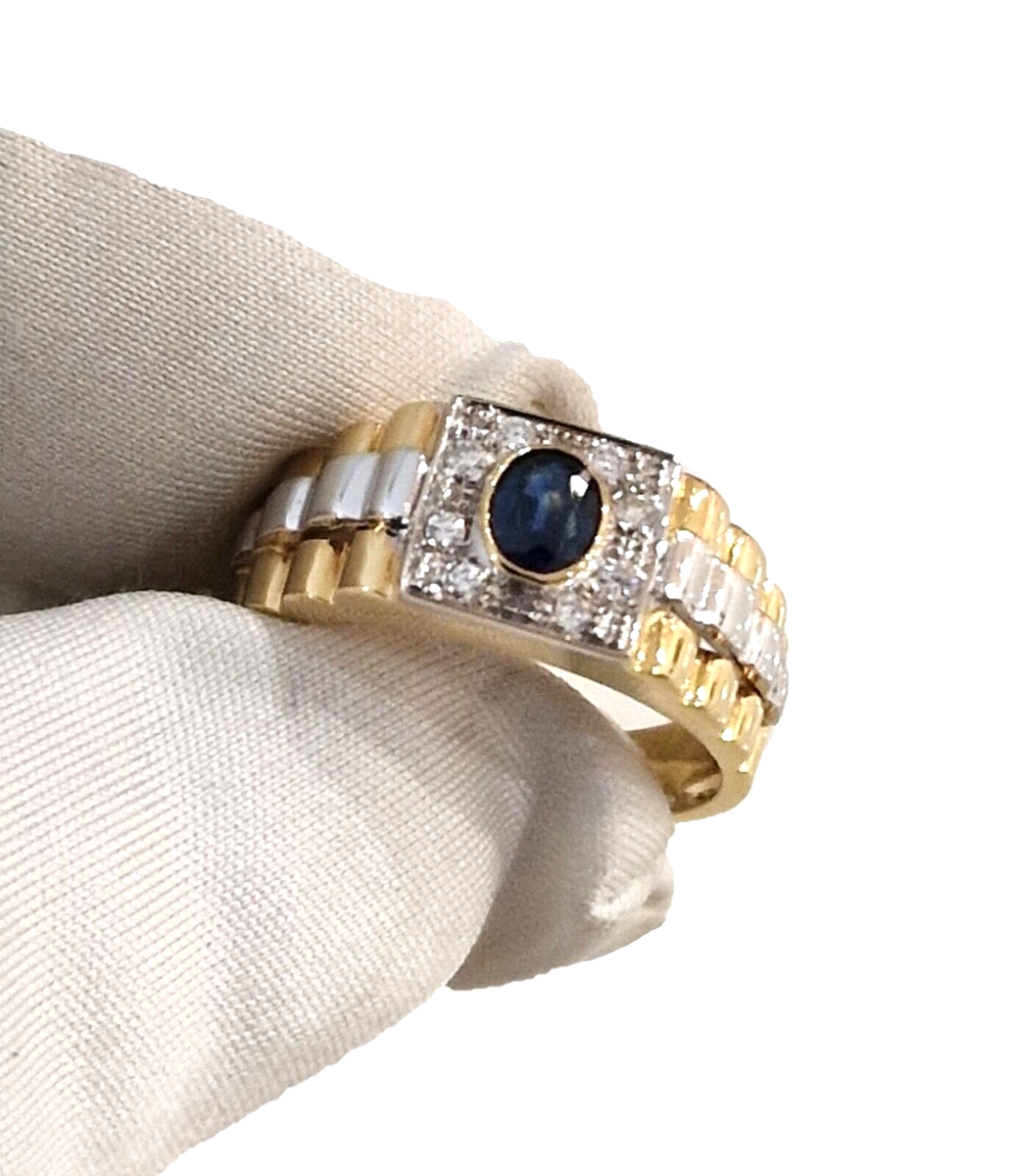 Anello uomo oro massiccio giallo, bianco 18 kt Diamanti e Zaffiro