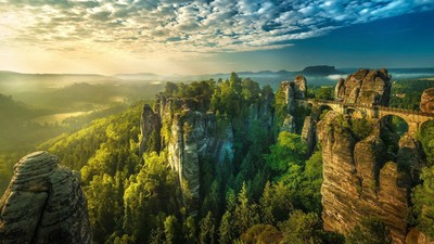Anime sunset germany saxon switzerland forest landscape Play Gaming Mat Desk