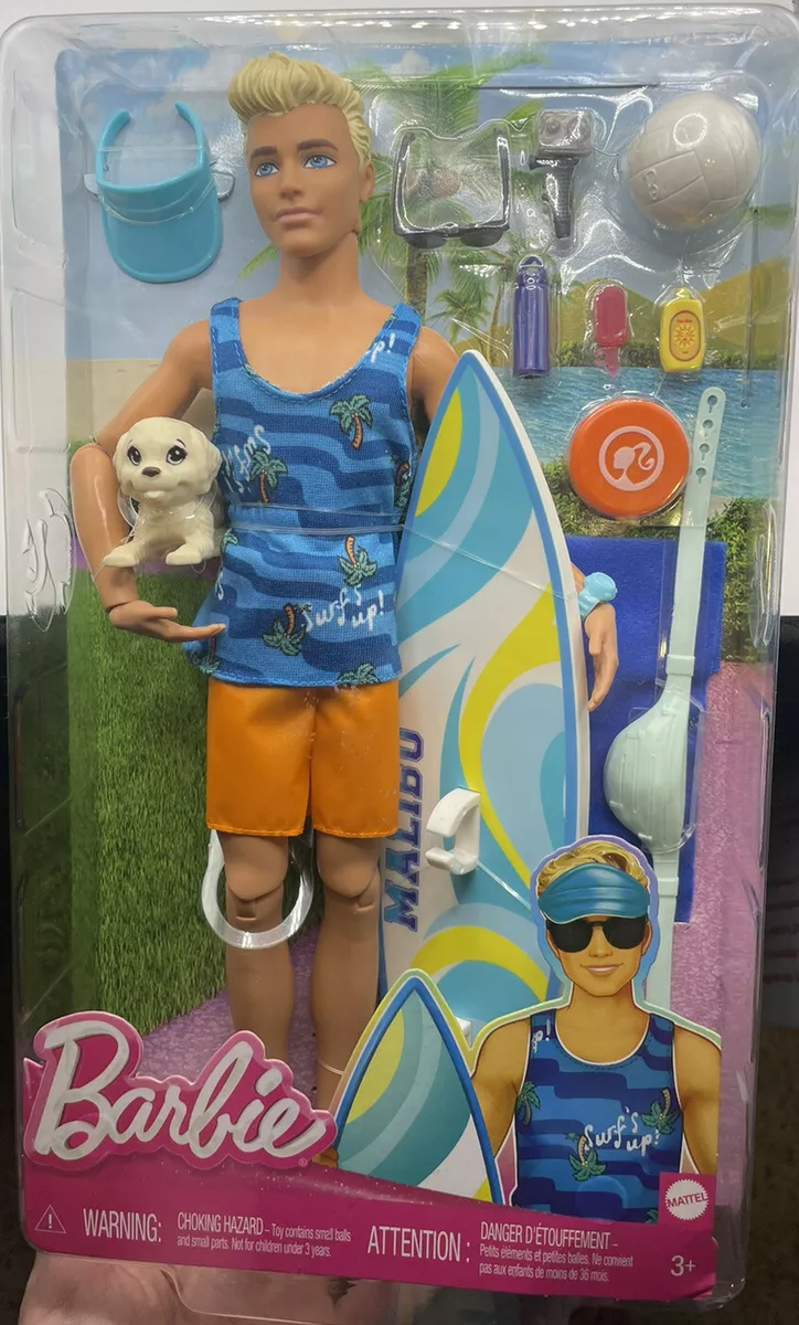 Beach Surfer Ken Doll With Surf Board, Puppy Pet & Accessories