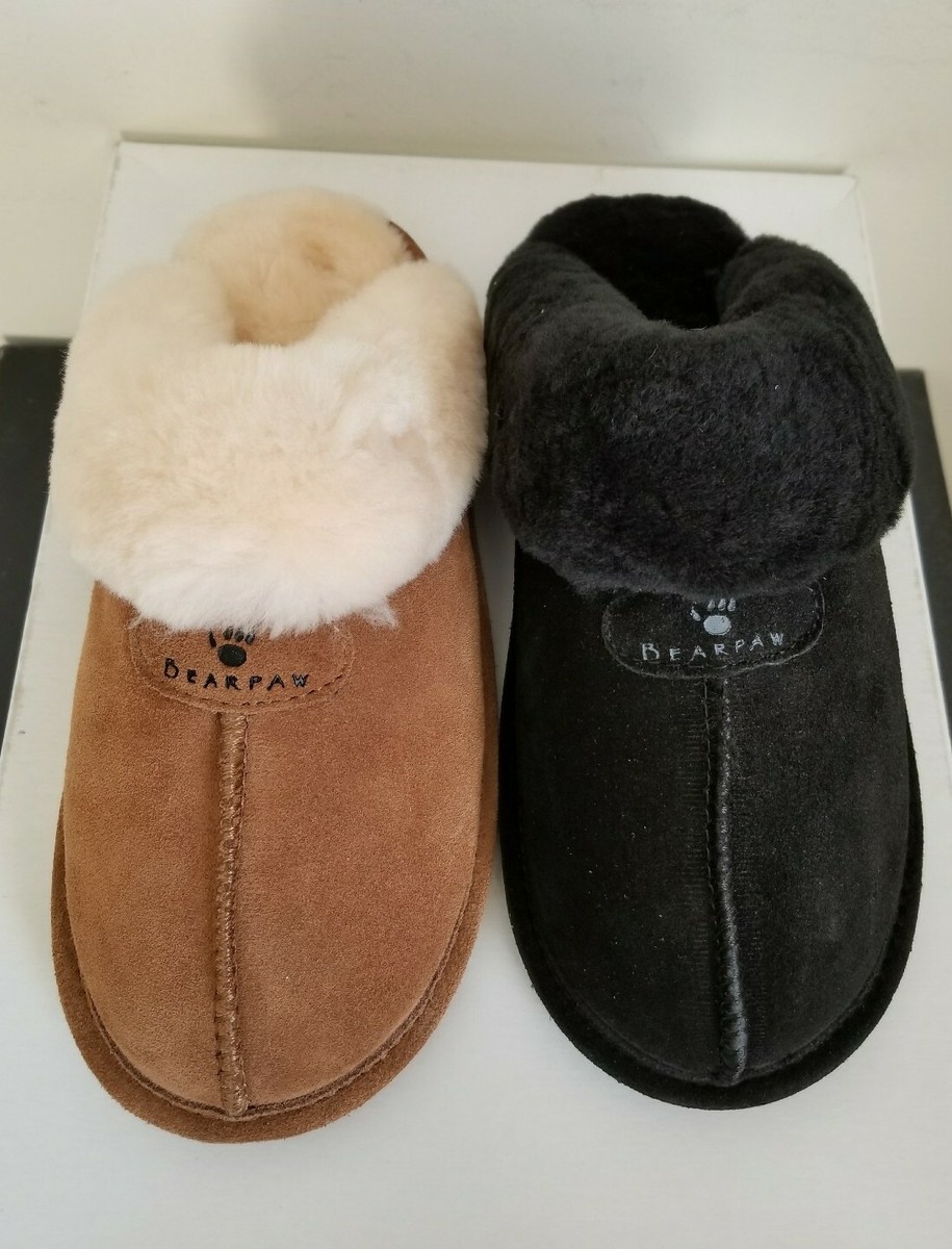 BEARPAW LOKI II Black Brown Suede Shearling Logo Slippers I LOVE SHOES