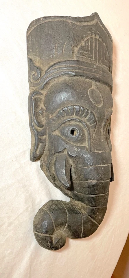 antique 19th century hand carved Myanmar Burmese wood Ganesha mask with wax seal - Image 3 of 4
