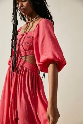 Free People Cross My Heart Maxi Smocked Cutout Balloon Sleeve Tiered Dress  S NWT | eBay
