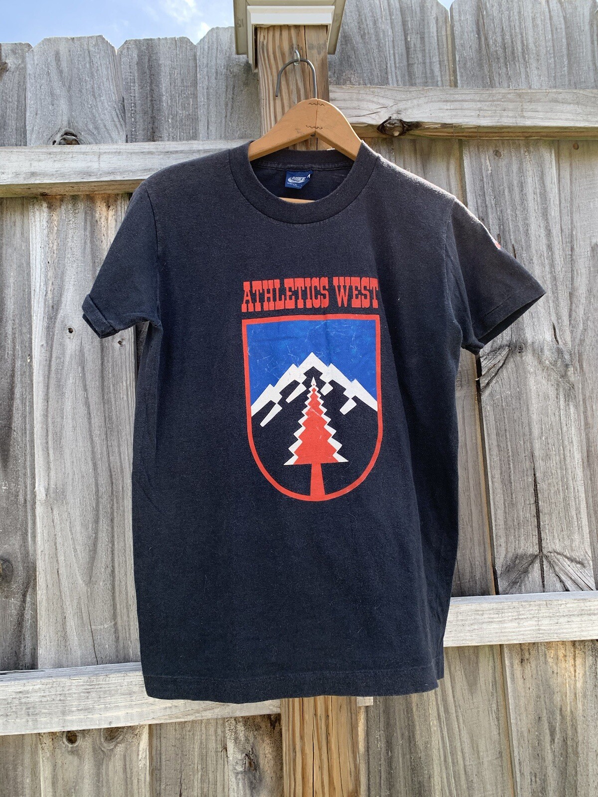 Vintage Nike Athletics West T-Shirt Small Black Faded Blue Tag USA Single Stitch