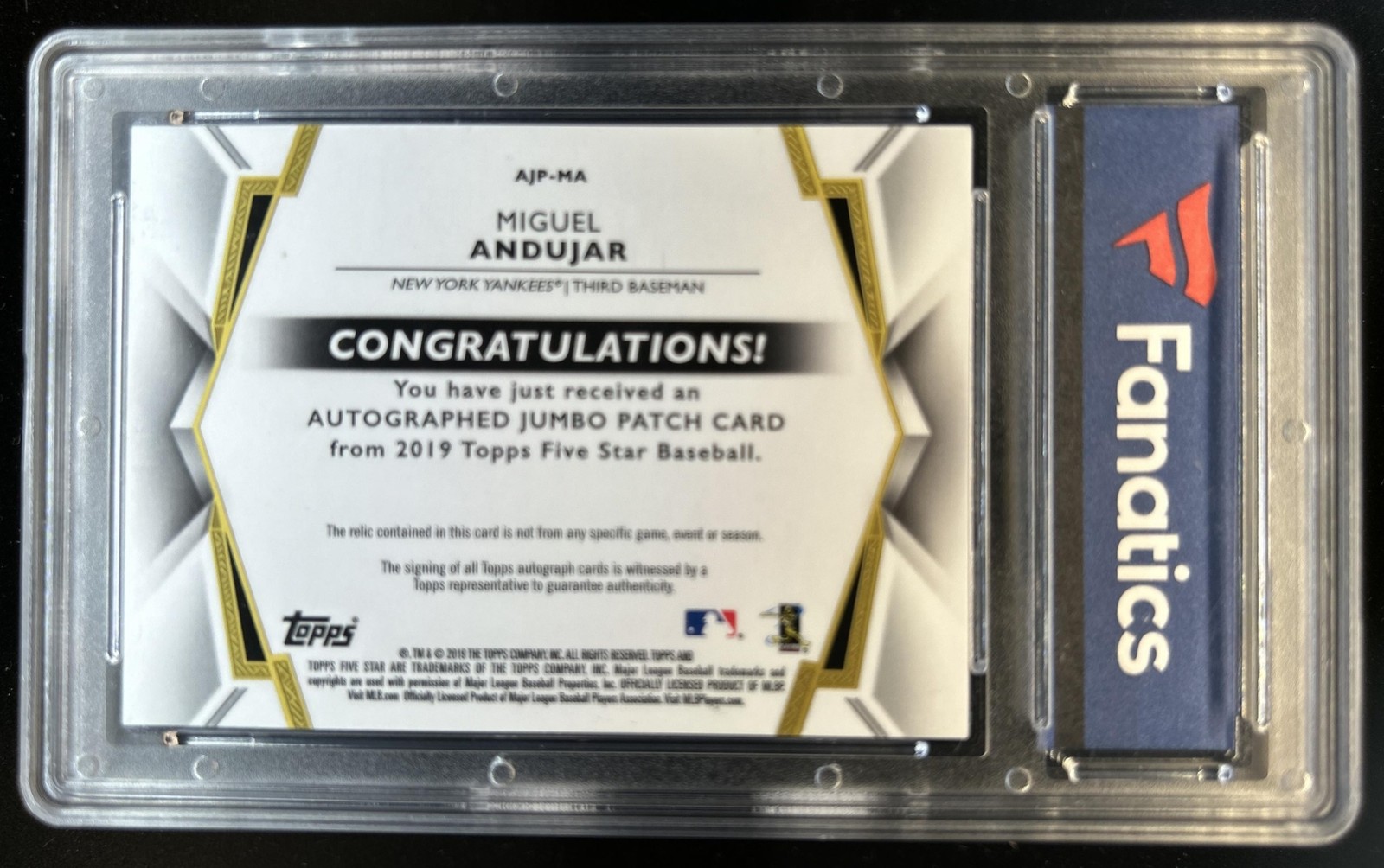 2019 Topps Five Star Miguel Andujar Auto Jumbo Patch Majestic #1/1 Yankees view 2