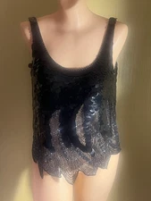 Vintage Oleg Cassini Black Mermaid Sequin Paillette & Beaded Tank Blouse S/M