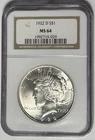 1922 D PEACE DOLLAR NGC  MS 64 / SHARP WHITE COIN