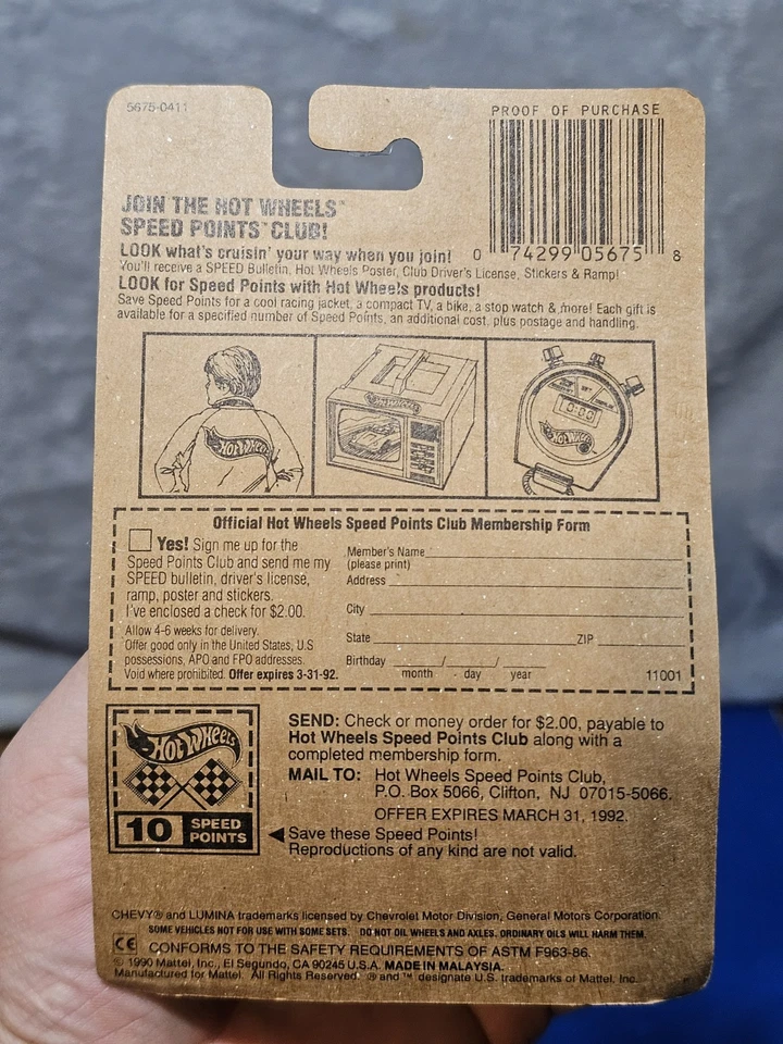 1990 Hot Wheels Blue Card Main line Chevy Lumina #126 5675 Speed Points Card - Image 3 of 4