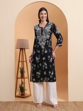 Black Rayon Printed Kurti for Women Ethnic Indian Tunic Kurta