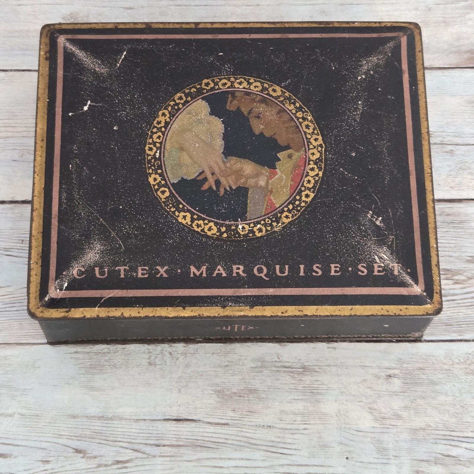 Vintage Cutex Tin Art Deco Litho Box With Pink Insert Marquise Set 