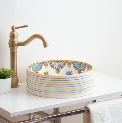 Custom Made Round Ceramic Bathroom Sink with Rainbow Colors Pattern Hand Painted