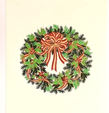5 Crane & Co Vintage Wreath with Red and Gold Ribbon & Bow, Lined Envelopes - NO