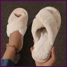 Cross Warm Fluffy Furry Slippers Women Lightweight Flat Heels Fur Slides.