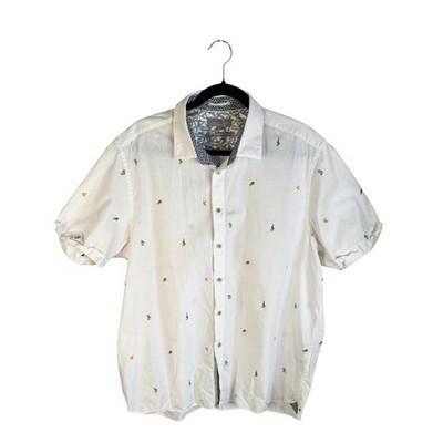 Ted Baker White Banana Palm Tree Monkey Print Button Down Short Sleeve Shirt