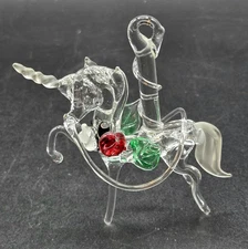Hanging Spun Glass Carousel Horse w/Flowers Figurine 3" Hand-Crafted Red/Green