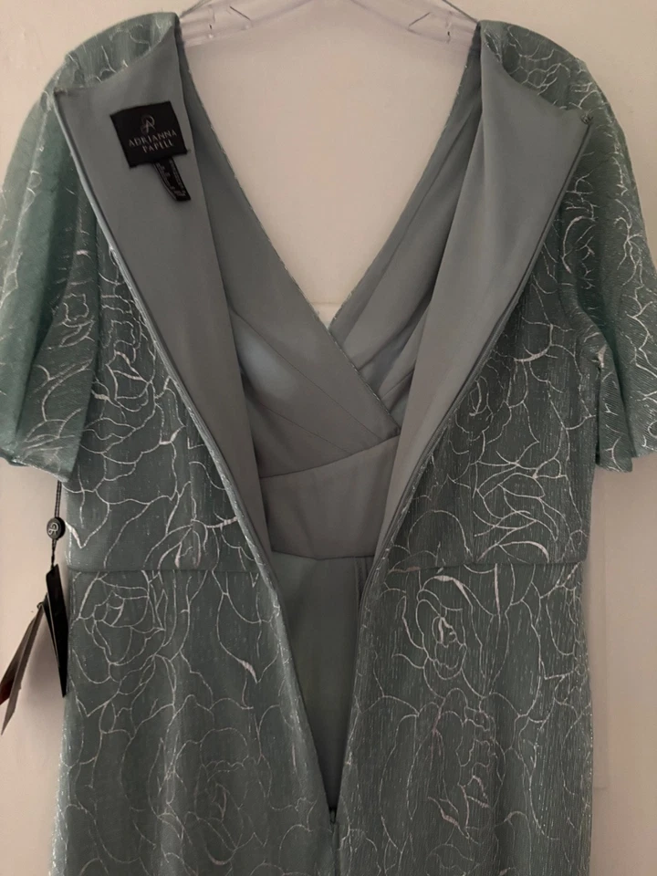 Adrianna Papell metallic mesh draped gown size 10, color Sea Glass w/front slit - Image 4 of 4