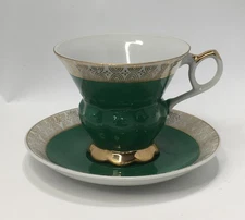 Vintage Bone China Tea Cup & Saucer Green & Gold Numbered N3222