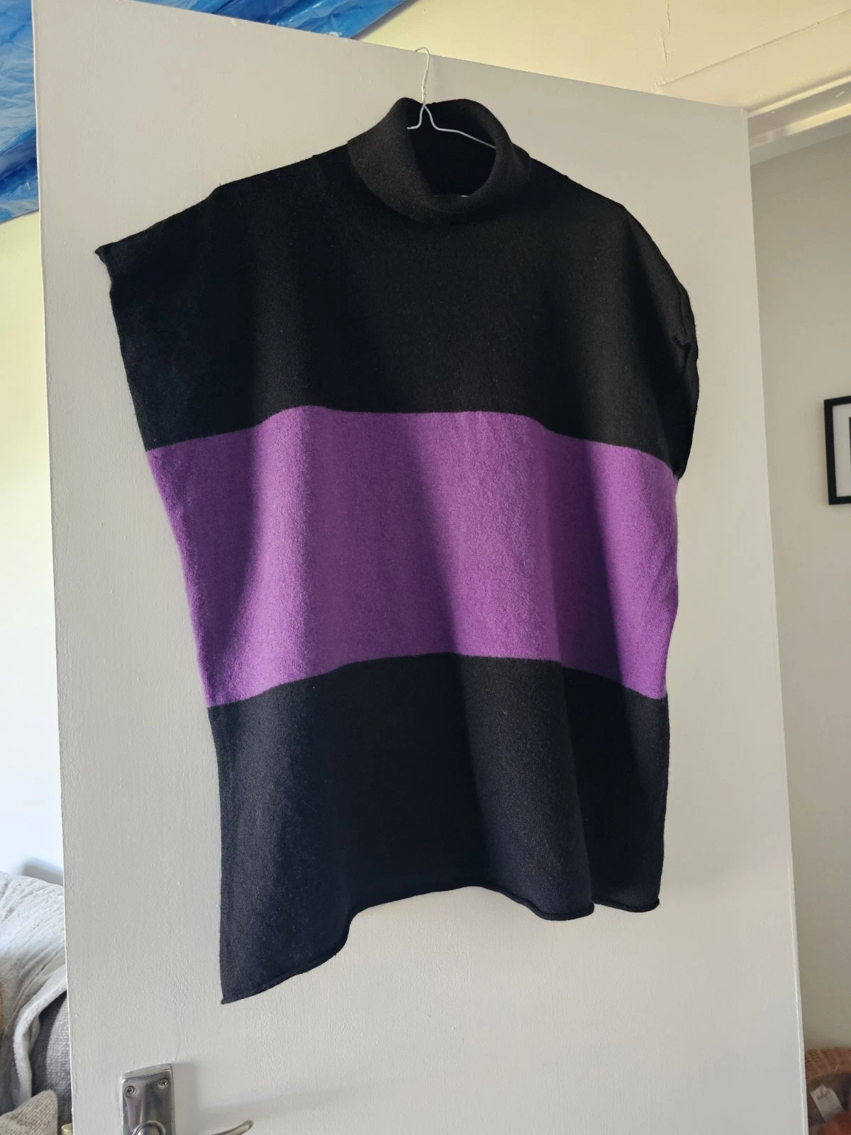 Masai Black Purple High Neck Poncho Sleeveless Jumper Oversized S Small Wool