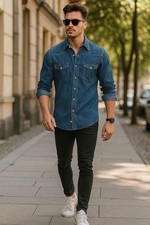 Mens Denim Shirt 100% Cotton Pocket Long Sleeve Casual Button Down Shirt Top