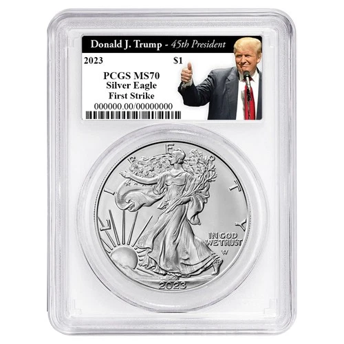 2023 $1 American Silver Eagle PCGS MS70 FS Trump 45th President White Frame
