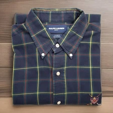 Ralph Lauren Shirt Mens Large Black Watch Tartan Tilden Crest Logo Polo Golf Vtg