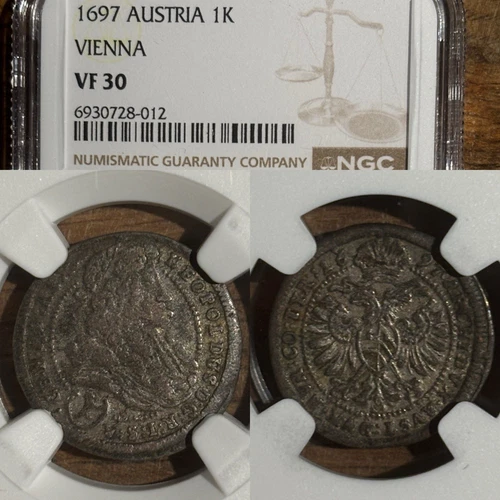 1697 AUSTRIA SILVER 1 KREUZER LEOPOLD I VIENNA HOGMOUTH HABSBURG JAW NGC VF 30 