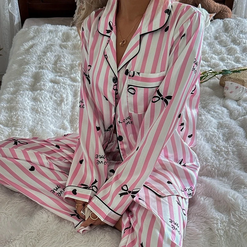 Womens Ladies Satin Nightwear Pyjamas 2Pcs Set Silk PJS Long Sleeve Sleepwear  - Image 3 of 4